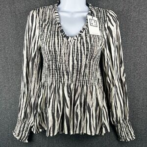 Anthropologie THML Black White Zebra Print‎ Smocked Peplum Top XSmall New NWT